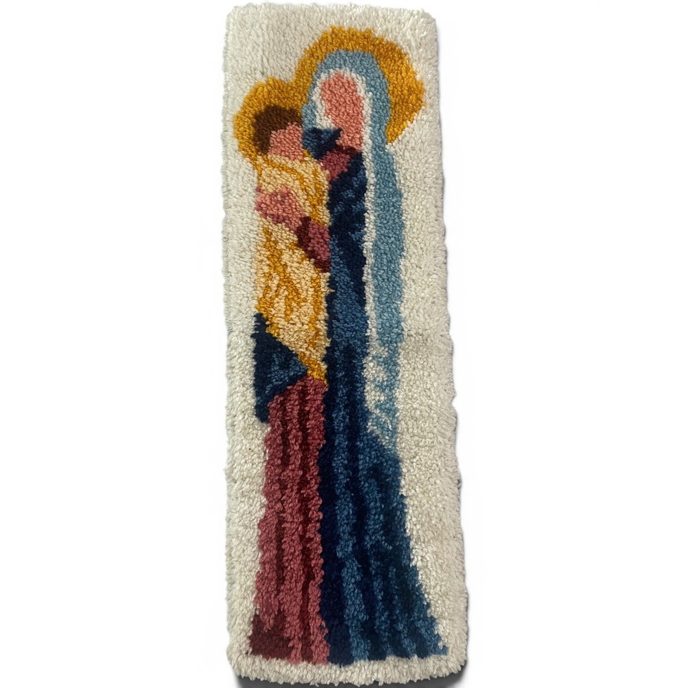Vintage 1970s Bernat Madonna Child Latch Hook Rug Mary Jesus Wall Hanging 36x12